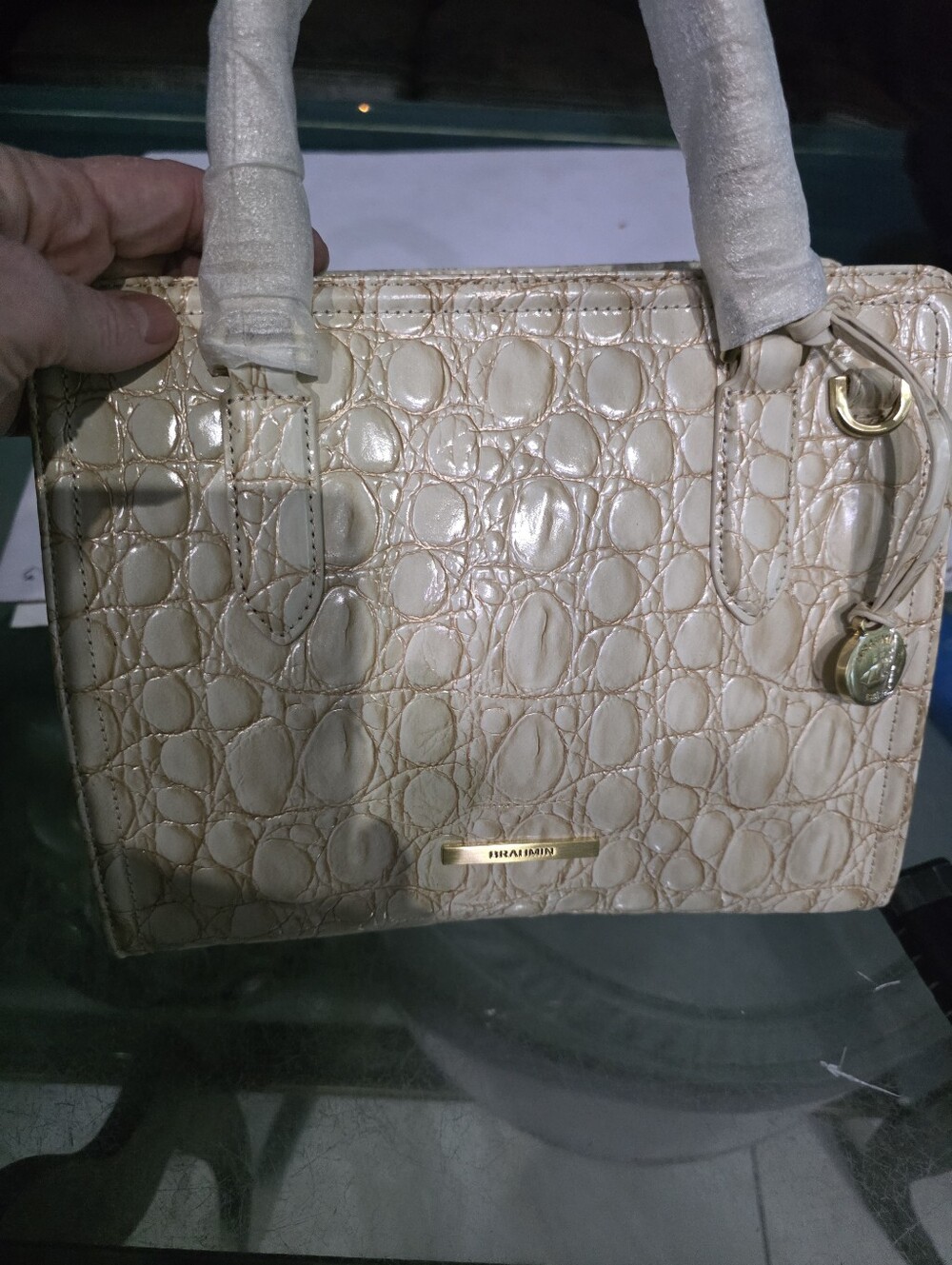 New Brahmin Cream Croc-Embossed Leather Satchel with Gold Hardware